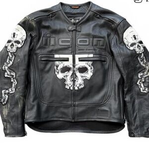 ICON Black Leather Bomber Jacket with Skull Graphics